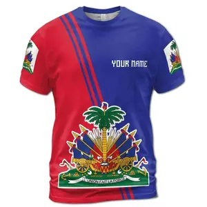 Men's Sublimation Casual Polo T-Shirt - Unisex Menswear Apparel, Custom Name Print, Haiti Flag & Coat Of Arms Culture, Blue-Red 3D Design, Short Sleeves, Soft, Oversized/Fitted, S-5XL Sizes