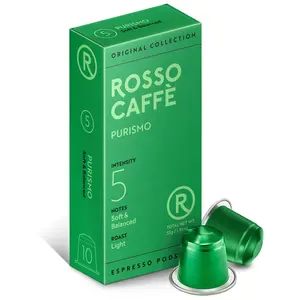 Rosso Caffè Purismo - Light Roast Espresso Pods, 10 Capsules, Intensity 5, Soft & Balanced Flavor, Arabica & Robusta Beans, Pure Coffee Experience
