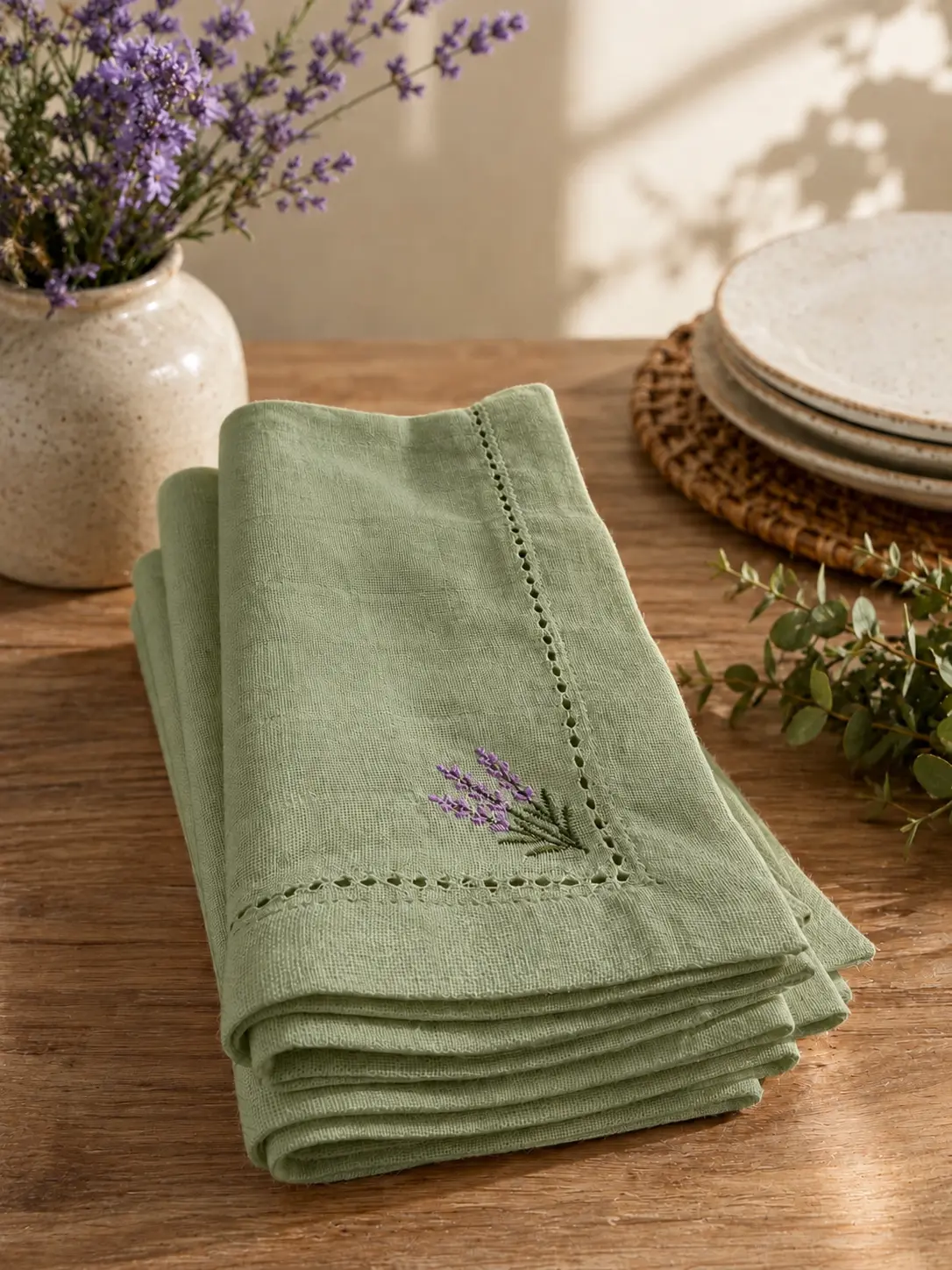 Lavender Embroidered Hemstitch Cotton Napkin – sage