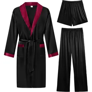 2026 Men's 3 Pcs Robe Silk Satin Kimono Bathrobe with Shorts&Pants Set Lightweight Soft Sleepwear