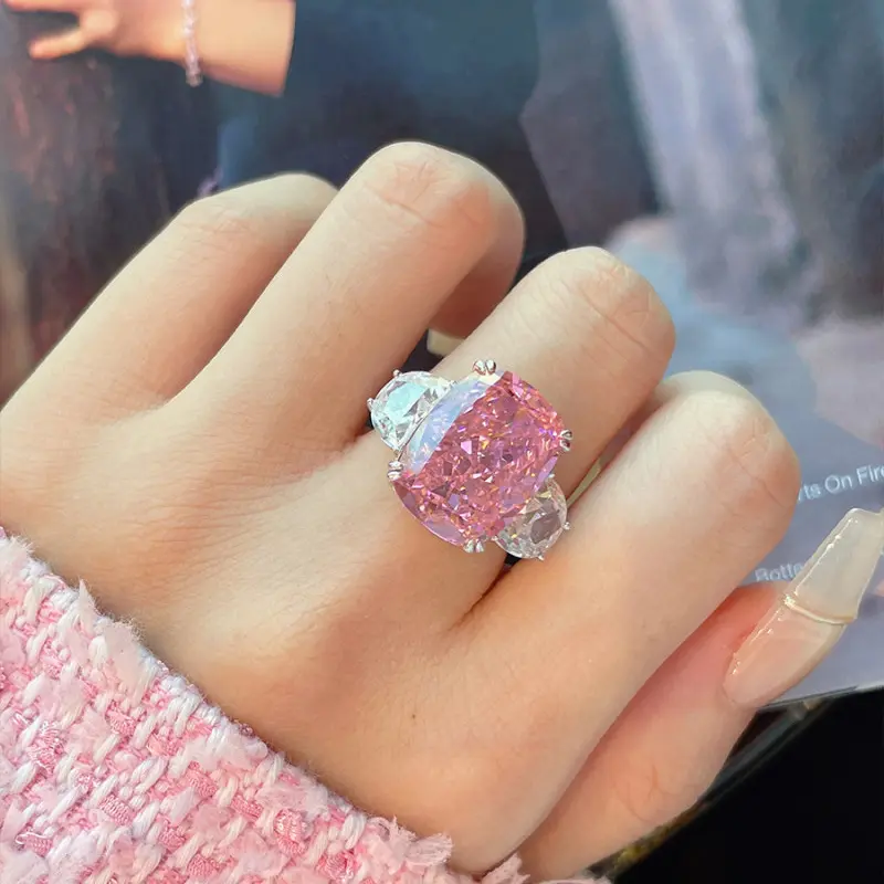 Women's Silver Open Ring - Simple Look Design, Round-Cut Blush Pink Zircon, Long Pillow-Shape Sparkle Silver Jewelry Accessory