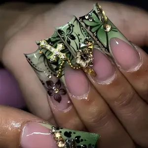 Flower Design Rhinestone Decor Fake Nails with Tools, 24pcs Glam Long Square Press on Nails for Women & Girls DIY Nail Art, Elegant Stick on Nails Kit