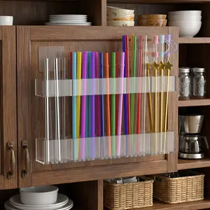 9.5-Inch Clear Acrylic Straw Organizer for Cabinet Doors, Stick-On Storage Holder with Strong Adhesive, Reusable Space-Saving Kitchen Organizer for Countertops, Cupboards, and Walls