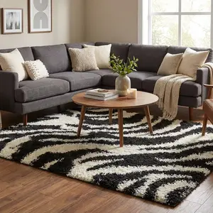 Safari Zebra Black Contemporary Shag Rug