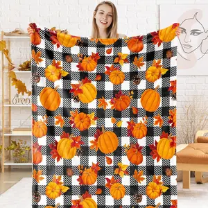 Fall Fuzzy Blanket Plaid Pumpkin Leaves Throw Blanket Orange Black Soft Cozy Flannel Blanket for Autumn Thanksgiving Home Bed Sofa Couch Chair, 50 x 60 Inch, 1 count, Print on One Side with a Plain White Back