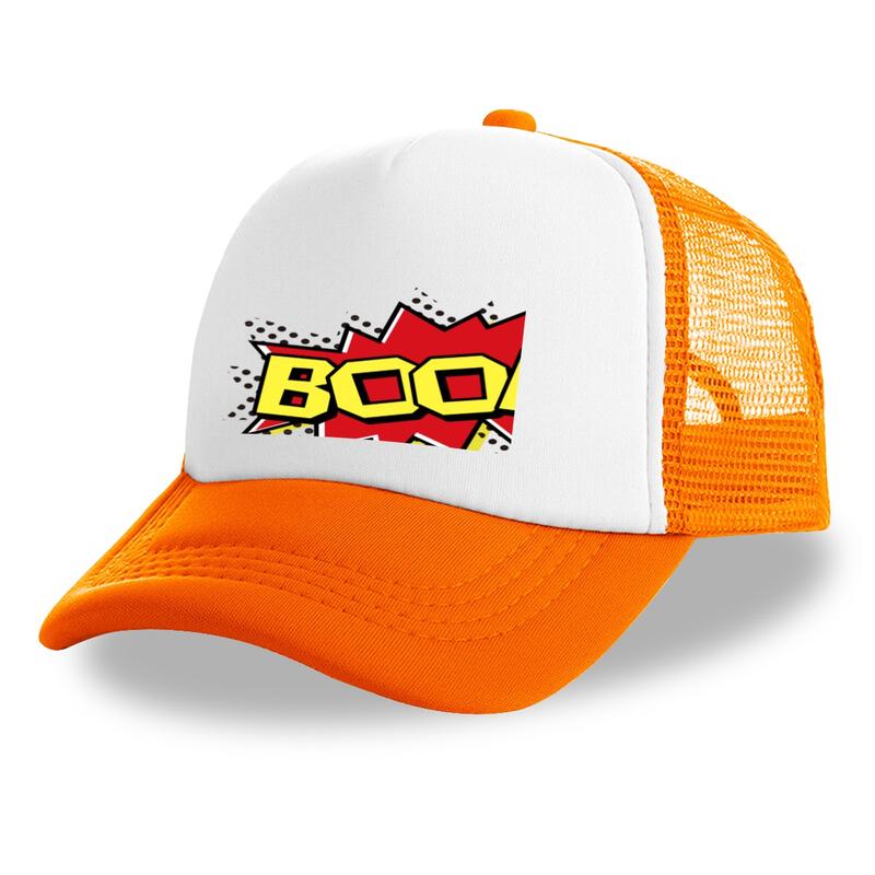 Unisex Halloween Comic Graphic Polyester Trucker Hat - Full Front Print, Orange White Design, Breathable Mesh Back, Adjustable, Casual Beach Fall Spooky Sun Hat, Hand Wash Only #sohochic