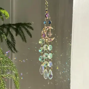 1Pc Crystal Suncatcher with Sun, Moon, Star, Waterdrop & Heart Shaped Rhinestones, Rainbow Maker Crystal Wind Chime, Indoor & Outdoor Hanging Room Decor for Home, Garden & Party