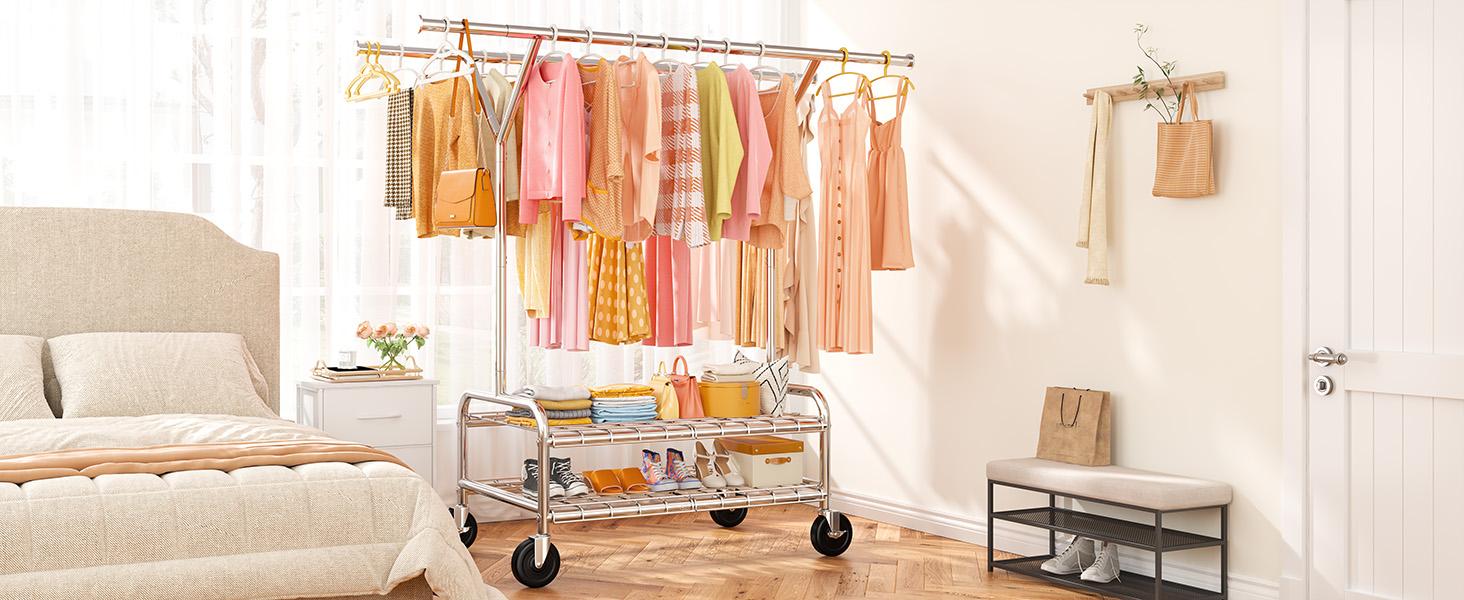 [RaybeeBrandyDay]Raybee Clothes Rack, Heavy Duty Clothing Rack Holds 441 LBS with Wheels & Shelf, Extendable, Adjustable, Commercial Garment Rack 22" D x 75" W x 68" H [BlackFridayCyberMonday]