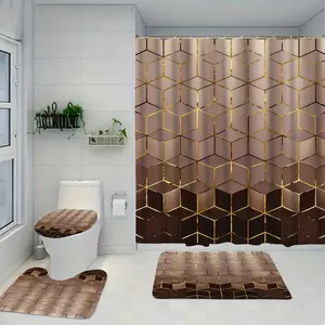 1/4pcs Golden Cube Pattern Shower Curtain Set - Exquisite Housewarming Gift! Includes 12 Hooks, Non-Slip Bathroom Mat, Toilet U-Shaped Pad, Toilet Seat Cover, Decor & Bathroom Accessories