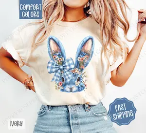 Blue Floral Bunny Shirt Comfort Colors, Easter Tshirt, Trendy Bunny Women's Tee, Gift for Her