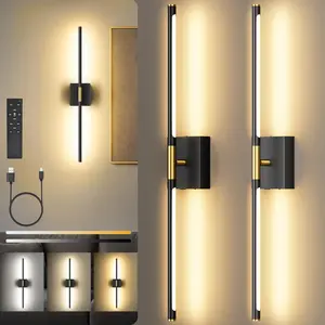 Battery Operated Wall Lights Set of Two【SCREW REQUIRED】, 10000mAH Rechargeable Wall Lights with Remote Control, Dimmable Black Gold LED Wireless Wall Lamps/Wall Sconces for Bedroom, Living Room, Hallway, Dining Room, 360° Rotate 3CCT