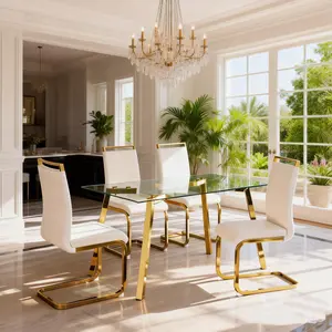 MUUOKY Dining Table Set of 4,51" Rectangle Tempered Glass TableTop with Golden Metal Legs,Kitchen Room Table with 4 White Faux Leather Dining Chairs,Dinner Table for DiningRoom Office,small apartment metallic gold