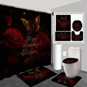 1pc/4pcs Shower curtain set, modern and unique home bathroom art decoration, shower curtain set with 12 hooks, non-slip bathroom rug, U-shaped toilet seat cover, toilet seat cover, bathroom decoration, holiday decoration.