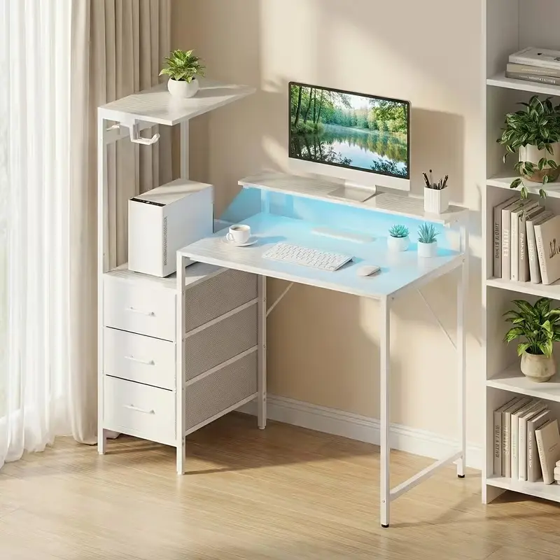 HLFURNITURE Durable Metal Frame Computer Desk - Industrial Rustic Brown Office Furniture, LED Ambient & Customizable Lighting, Leather-Bamboo Surface, Compact Footprint Home Workstation with Storage Drawers & Shelves for Small Spaces