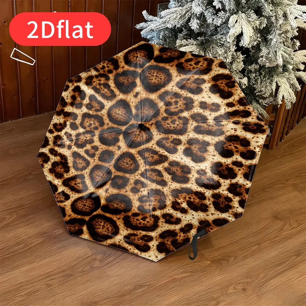 A fall/winter leopard-print folding umbrella – featuring a classic animal print design, durable canopy, sturdy plastic and metal frame, lightweight and portable for travel and commuting, perfect for casual everyday use,