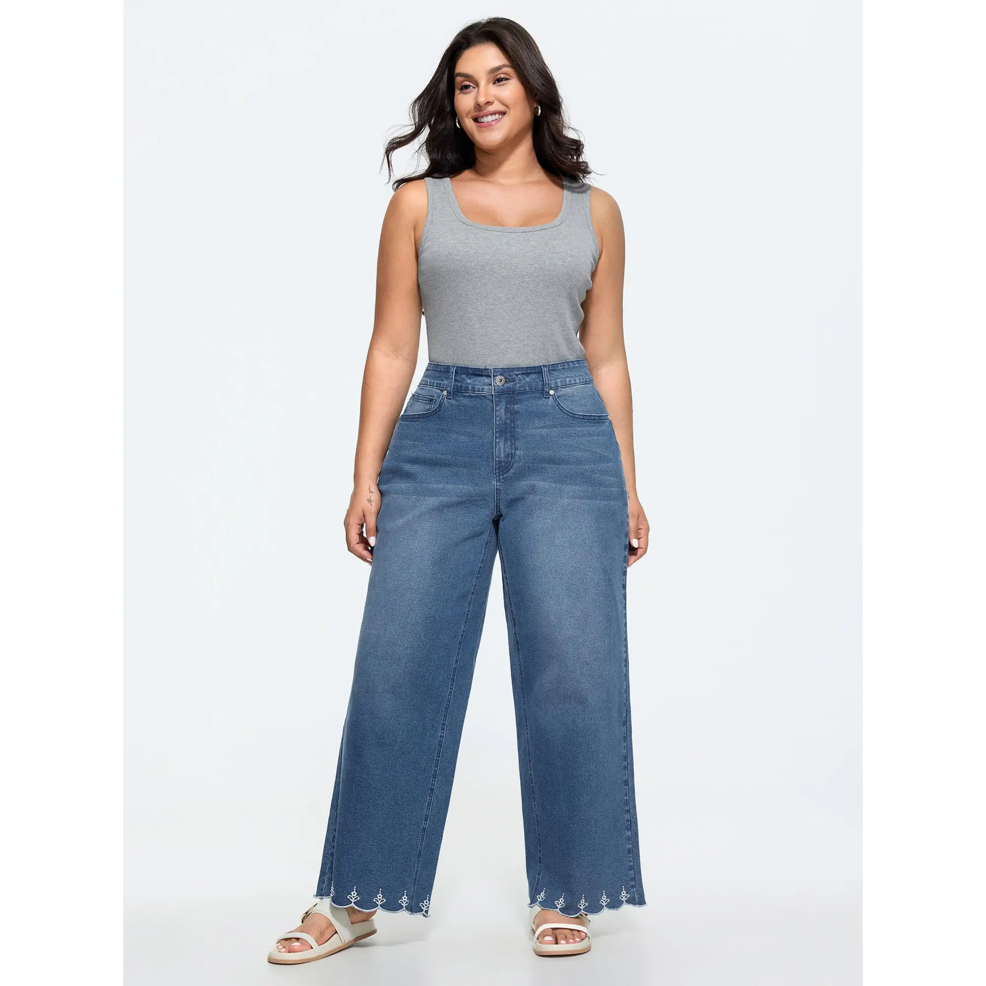BLOOMCHIC Women's Plus Size Stretchy Cotton-Spandex Denim Wide-Leg Jeans - Tall Waist, Button Zip, Embroidered Hem, Pockets, Garment Fit (M-6X, 2026 Spotlight), Summer Essential Bottom, Cold Wash, Do Not Tumble Dry