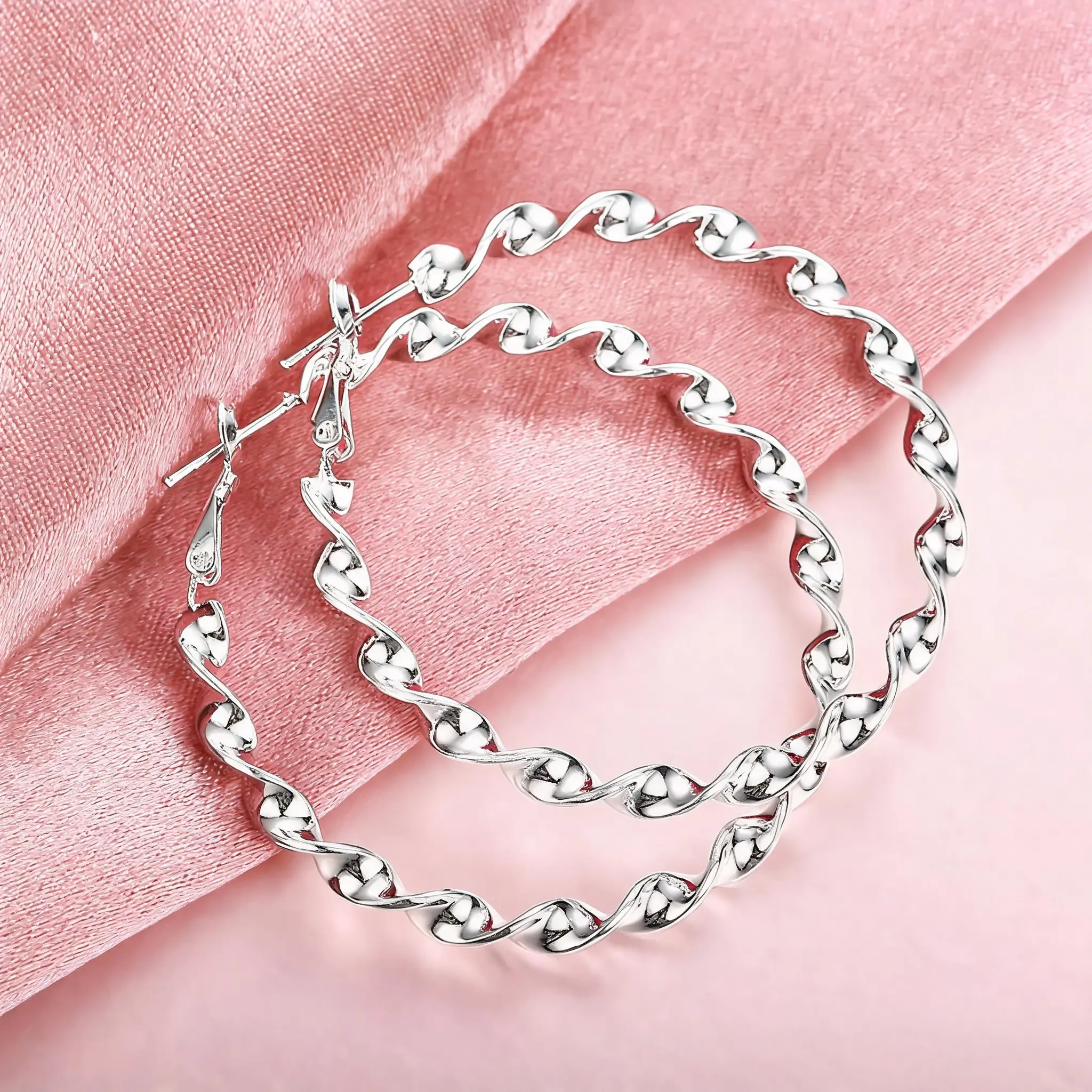 Women's 2" 925 Silver Plated Twisted Hoop Earrings, 5MM Wave Texture Push Back Earrings, Minimalist Geometric Daily Wear Costume Jewelry, 2" Size