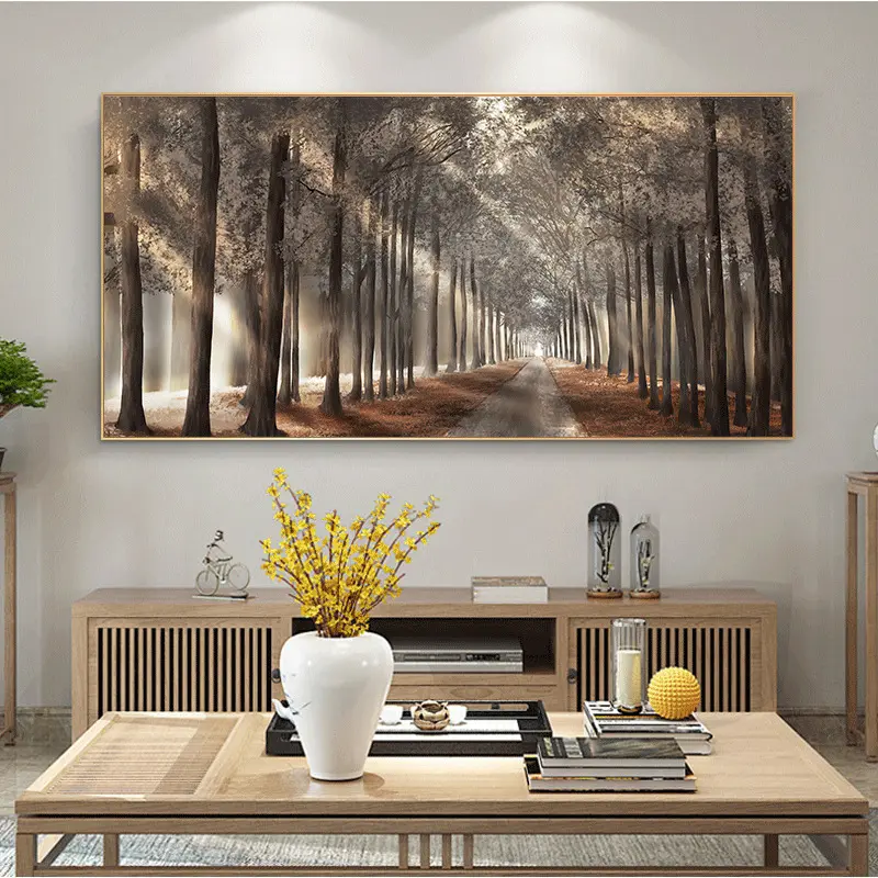 Artistic Vibrant Nature-Inspired Canvas Wall Art Painting - Scandinavian Forest Landscape Trees Print, Unframed Home Decor for Living Room