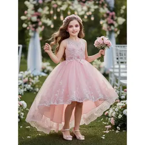 Children's Halloween and Christmas Costumes,Girl's Floral Decor Tulle Dress, Floral Embroidery Dress, Elegant Round Neck A Line Dress for Party Wedding Guest, Kids Clothes for All Seasons