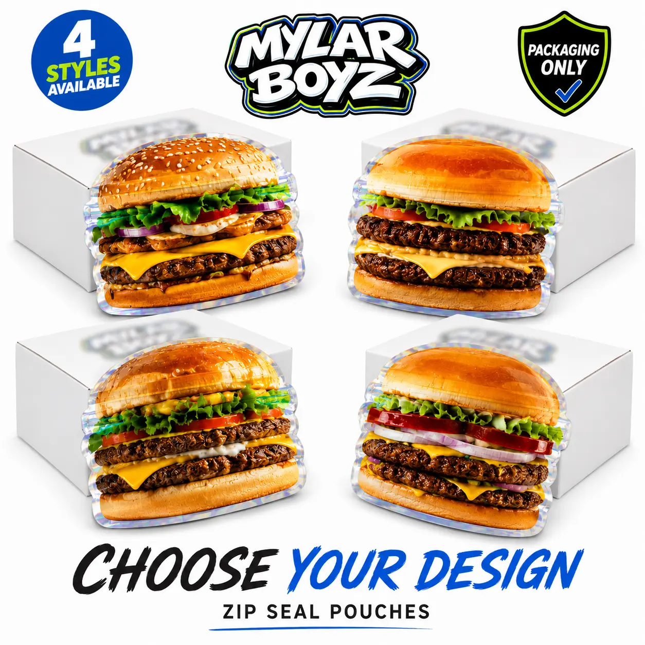 12 Pack Burger Style Zip Seal Pouches with Display Boxes – Choose Your Design