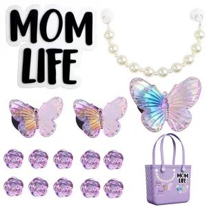 14pcs Transparent Purple Small Roses Butterfly Charms Accessories with a Pearls Bag Chain for Bogg Bag Charms, Insert Decoration fit for Women Simple Southern Beach Bag Totes Handbag