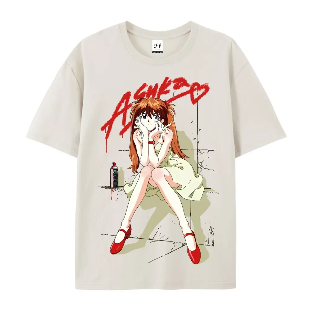 Men's Oversized Short-Sleeve Graphic T-Shirt - EVA Asuka Langley & Unit 02 Anime Print, 100% Cotton, Micro Elasticity, Unisex Casual Breathable Top, Mensfashion Retro Otaku Gift
