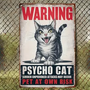 2D Flat - Vintage Metal Wall Sign in a 2D Flat Design, Measuring 8.0X12.0 inch, Featuring a Humorous Psycho Cat Warning. Ideal for Indoor And Outdoor Decoration in Homes, Bars, Cafes, And Restaurants. A Classic Style Piece with Sturdy Construction