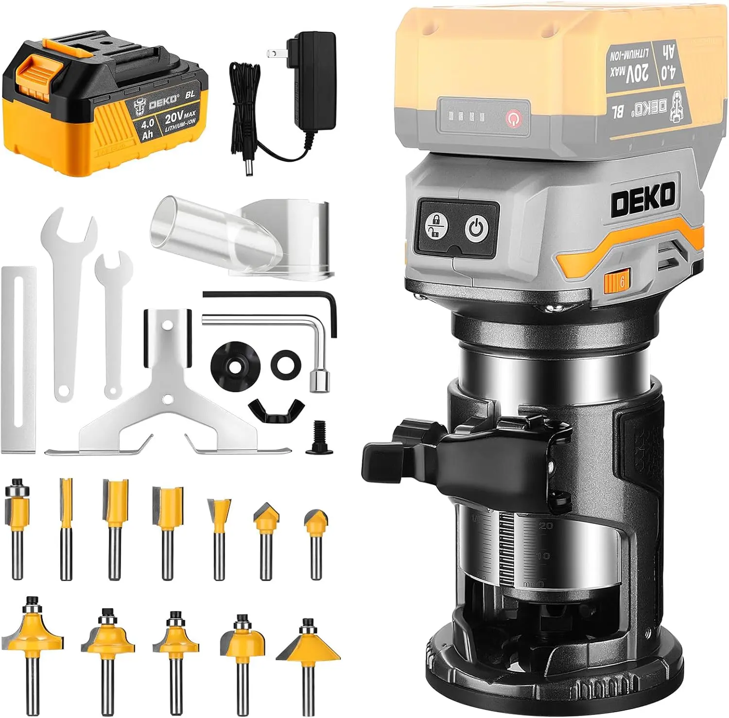 20V Brushless Cordless Wood Router Tool, 1x4.0Ah Battery Included, Variable Speed, Adjustable Depth, Edge Guide for Edge Routing, Roller Guide, Dust Hood & Bits for Wood Surfaces, Brushless Motor