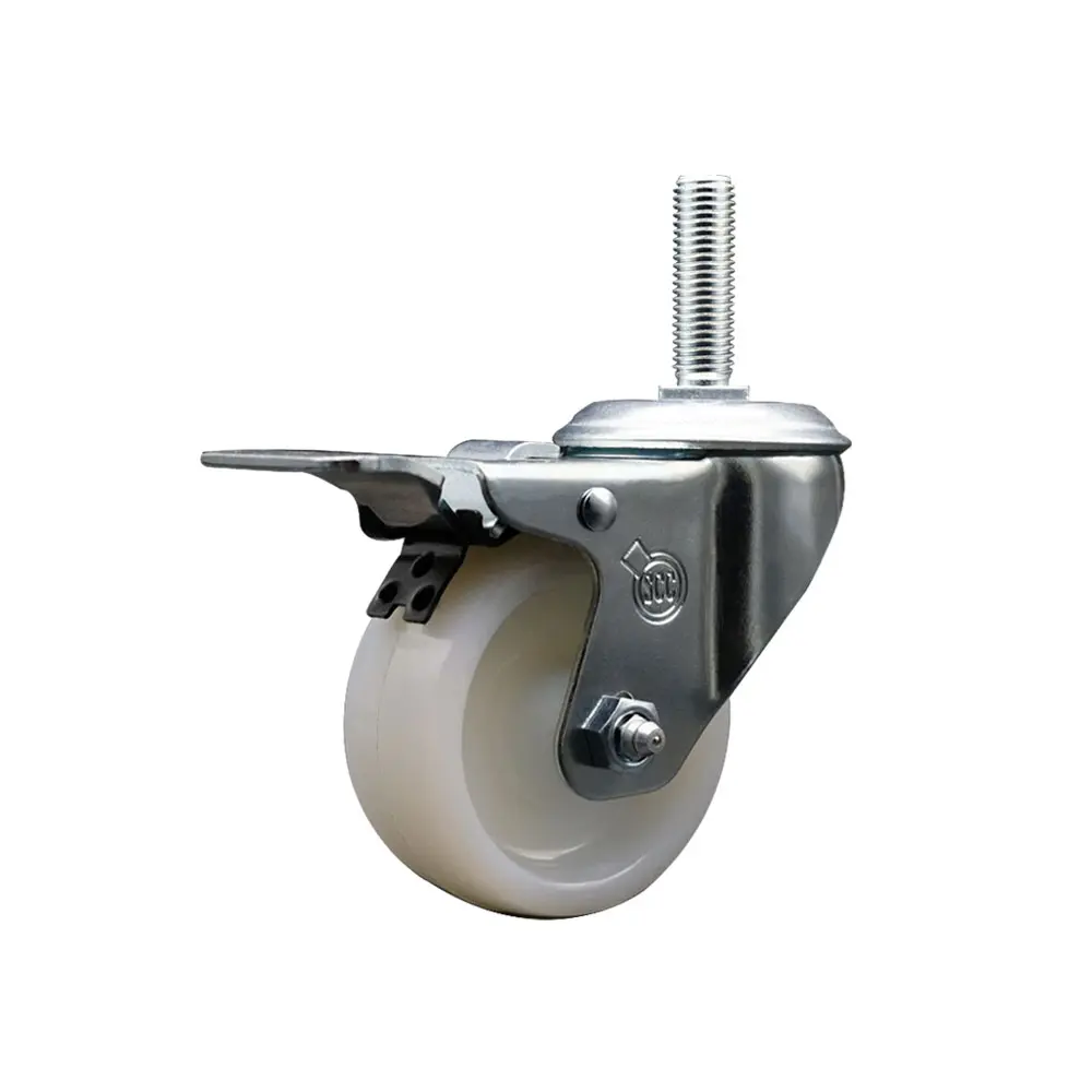 Service Caster SCC-TSTTL20S414-NYS-58212 Nylon Swivel Threaded Stem Caster, 4x1.25 in White Nylon Wheel, 0.63 in Stem, Total Locking Brake, 300 lbs Capacity, Maintenance-Free, Substance-Resistant, Threaded Castors for Carts, Equipment, Material Handling