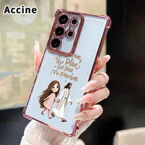 Four Corners Air Cushion Phone Case Compatible with Samsung Galaxy S23 Ultra S24 Plus S25 S22+ FE Edge Faith Plan Pattern Anti-drop Cell Electroplated Transparent Silicone Cover