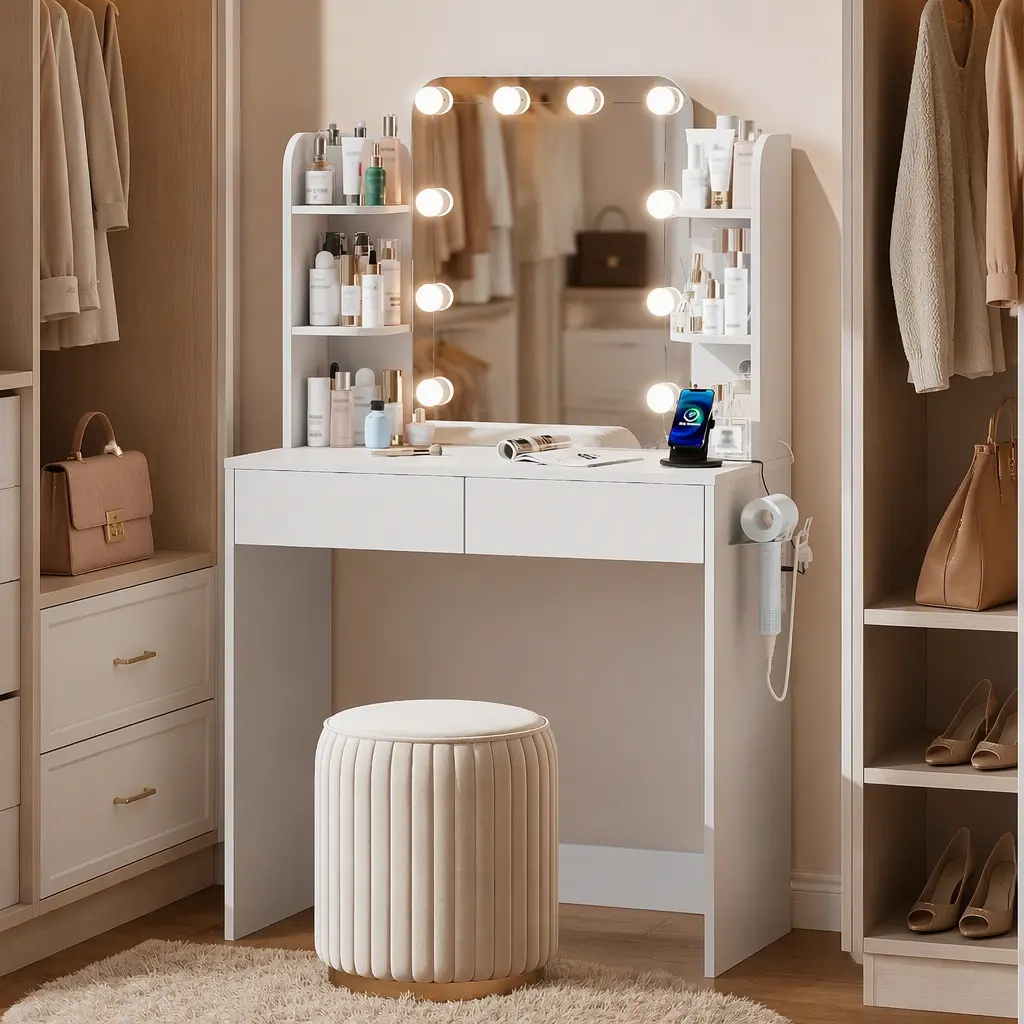 31.5''W Vanity Table with 10-Light Dimmable Memory Makeup Mirror, Built-in Outlet, Hairdryer Holder, 4-Tier Storage Organizer for Bedroom, Closet, Apartment Decor