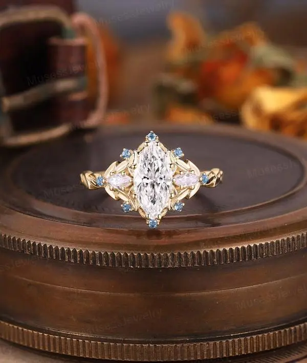 Marquise Moissanite Engagement Ring, Leaf-Inspired Floral Design