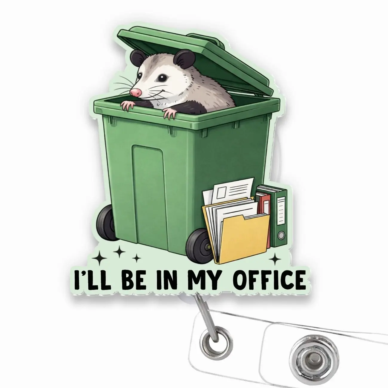 Funny Possum Dumpster Office Humor Badge Reel, Retractable ID Holder Heavy Duty Clip Lanyard Carabiner Work Gift