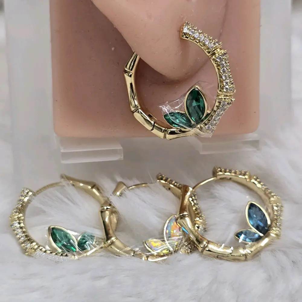 # 0224 Arrancadas Style Bamboo Adiamantadas Oro Laminado 14k High-Quality Hoop Earrings with Stones