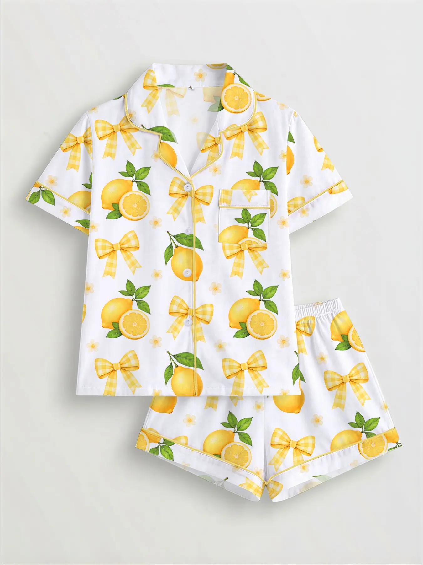 Women's Lemon & Bowknot Print Pyjama Set, Short Sleeve Button-Up Top & Elastic Waist Shorts, Casual Sleepwear & Loungewear for All Seasons, Pajamas