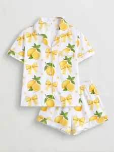 Women's Lemon Bowknot Printed Pyjama Set, Short Sleeve Button-Up Top & Elastic Shorts, Casual All Seasons Sleepwear