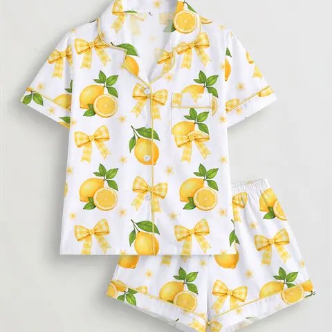 Women's Lemon & Bowknot Print Pyjama Set, Short Sleeve Button-Up Top & Elastic Waist Shorts, Casual Sleepwear & Loungewear for All Seasons, Pajamas