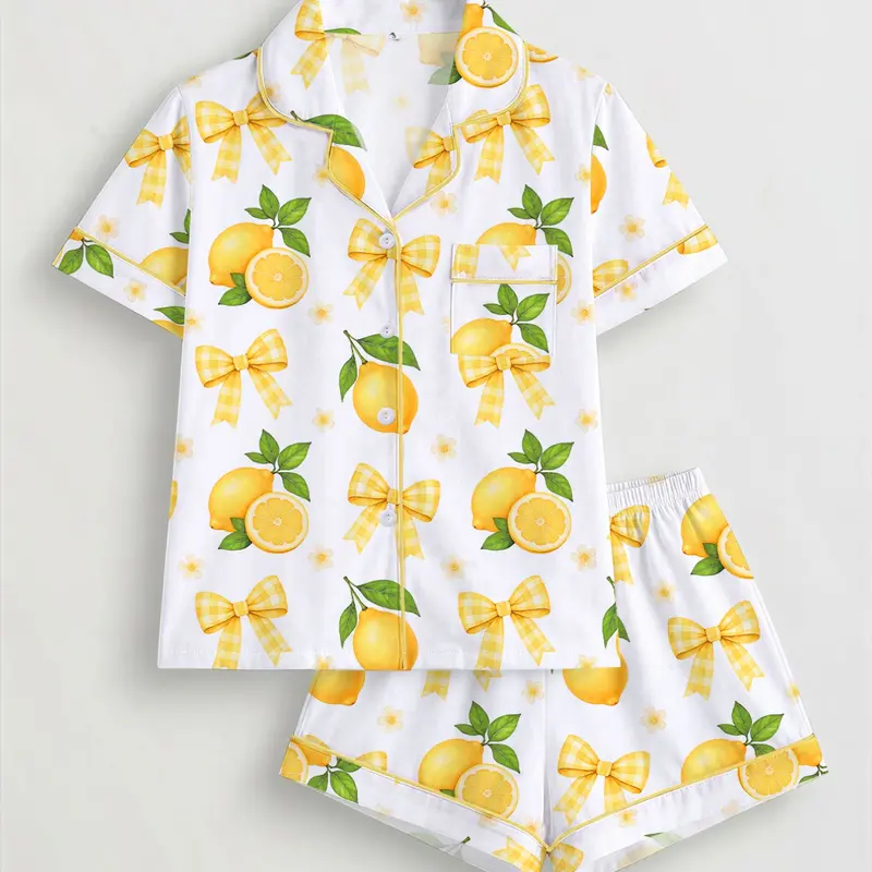 Women's Lemon & Bowknot Print Pyjama Set, Short Sleeve Button-Up Top & Elastic Waist Shorts, Casual Sleepwear & Loungewear for All Seasons, Pajamas