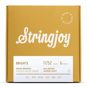 Stringjoy 11-52 Super Light Gauge Brights - 80/20 Bronze Acoustic Guitar Strings