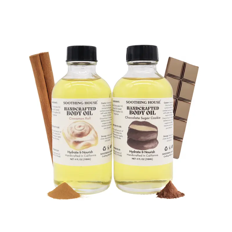 Silky Coconut-Olive-Avocado Dessert Body Oil Bundle - Chocolate Sugar Cookie, Cinnamon Roll Scents, Dropper Included, Relaxing Scent, Ideal Gift for Bath & Body Care Enthusiasts