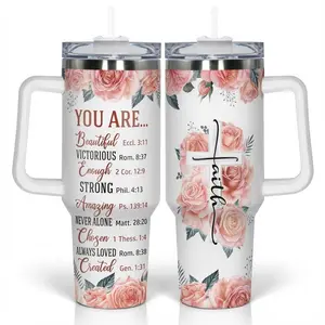 Floral Pattern 40oz Insulated Stainless Steel Tumbler with Handle & Straw, Reusable Vacuum Travel Cup, Inspirational Gift for Family & Friends