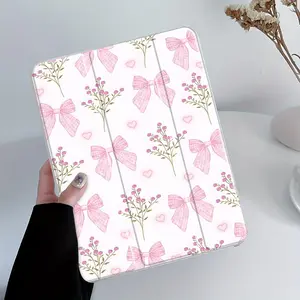 Bowknot & Flower Pattern Tablet Case, Acrylic Protective Case with Pencil Holder, Trifold Stand Protective Cover for iPad