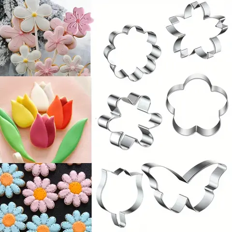 6PCS Food Grade 430 Steel Durability Smooth Stainless Steel Cookie Cutter Set - 3-In Bakeware Utensils with Daisy, Tulip, Extra Flower, Butterfly Designs, Baking Supplies for Festival, Halloween Cozy Treats