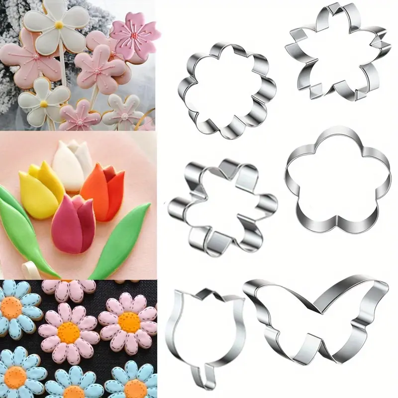 6PCS Food Grade 430 Steel Durability Smooth Stainless Steel Cookie Cutter Set - 3-In Bakeware Utensils with Daisy, Tulip, Extra Flower, Butterfly Designs, Baking Supplies for Festival, Halloween Cozy Treats