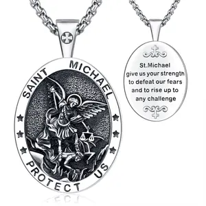 DRINSPER Saint Michael Necklace 925 Sterling Silver Pendant Catholic Jewelry St Michael the Archangel Protection Amulet Necklace for Men
