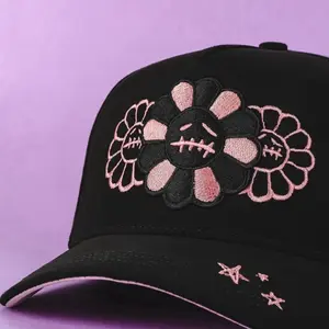 Mira-travis Hat Full Set with Unique Floral Design and Pink Accents Black Cap