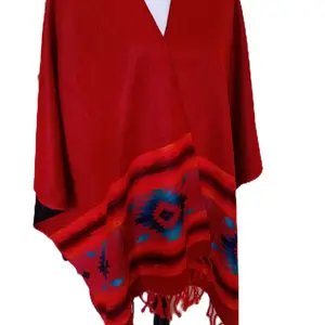Artisanal Women Poncho REVERSIBLE RED Black sides, HQ, FRINGE, Handmade in Ecuador
