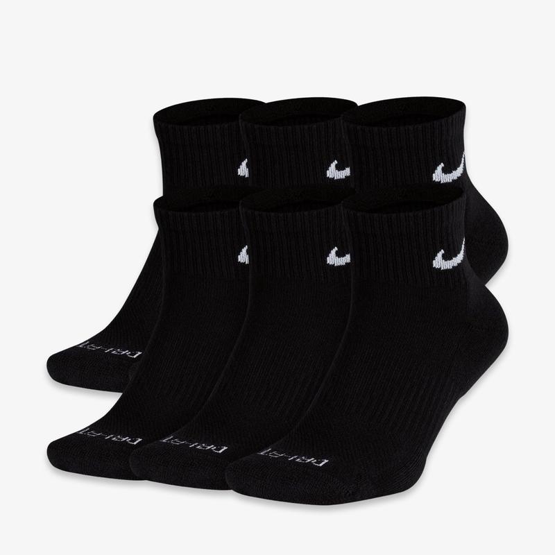 Nike Dri-FIT Everyday Plus Cushioned Mid Training Quarter Ankle Socks (6 Pack) Black SX6899-010 Comfortable Comfy Cozy Cotton Unisex for Mens Womens GS Kids Young Junior Holiday Christmas Gift Stocking Stuffer