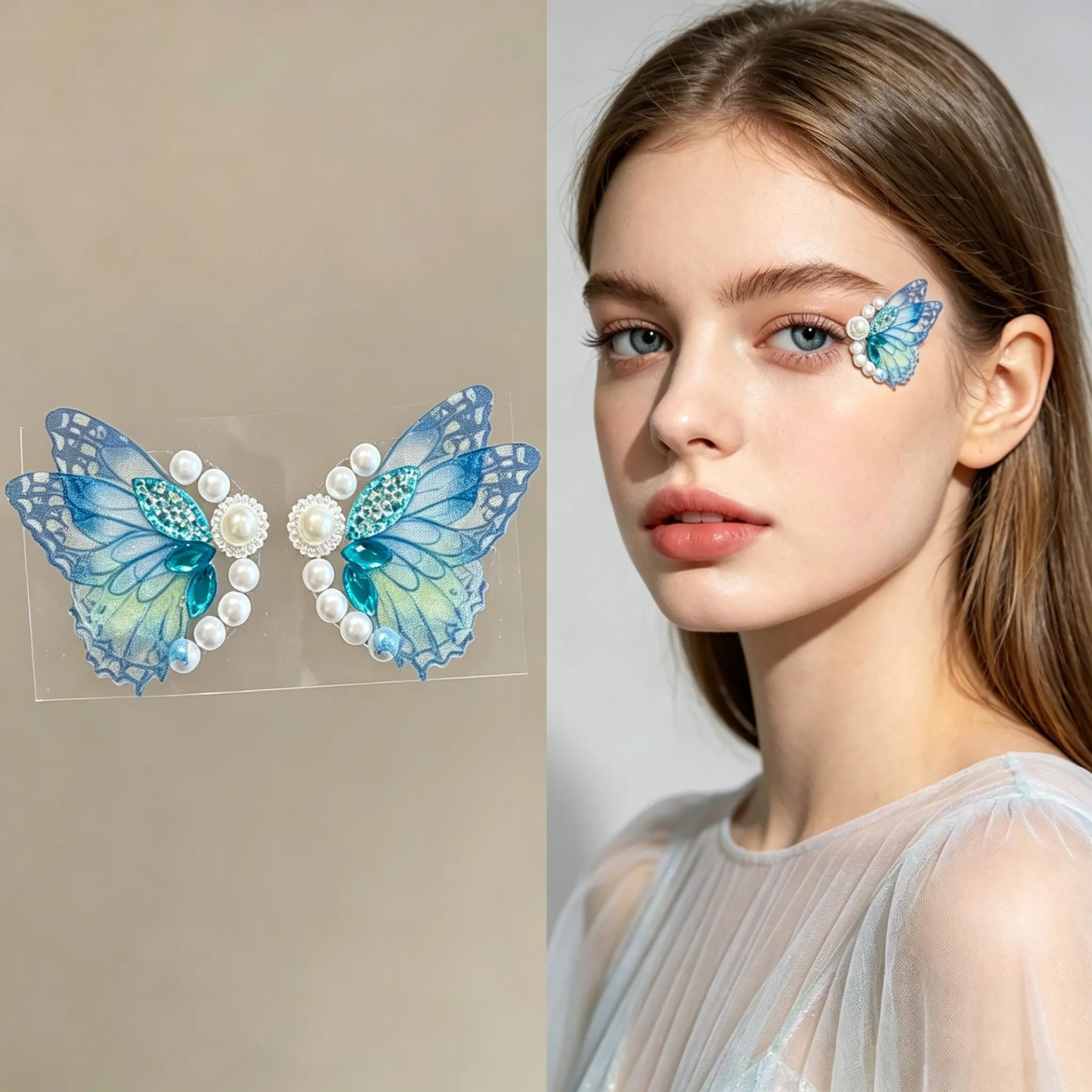 Cartoon Butterfly Face Stickers, Self-Adhesive Eyeliner Face Jewels for Stage Makeup & Party, Safe Non-Toxic Glitter Face Decals with Pearl & Shell Accents, Perfect for Concert, Festival, Halloween, Cosplay, Create Dreamy Atmosphere