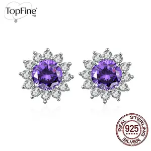 925 Sterling Silver Women'S Fashion Earrings Hypoallergenic Sparkling Purple 8MM Synthetic Zirconia Snowflake Shape Earrings for Women Romantic And Elegant Style Daily Wear Valentine'S Day Wedding Decoration Jewelry Gift Sunflower Design Fashionable Cute
